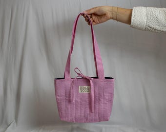 Upcycled Quilted Stripe Mini Tote Bag, Pink Stripes, Zipper Pocket, Tie Closure