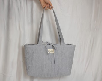 Upcycled Quilted Stripe Tote Bag, Gray Cotton, Inside Zipper Pocket, Tie Closure