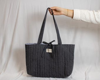 Upcycled Quilted Stripe Tote Bag, Gray Flannel, Inside Zipper Pocket, Tie Closure
