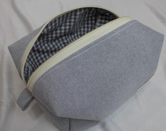 Upcycled Gray Cotton Boxy Bag for Cosmetics, Supplies, Travel, Toys and More