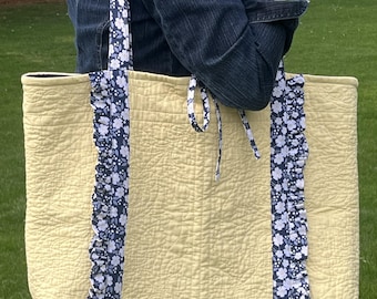 Upcycled Large Ruffle Tote Bag, Yellow Quilted Cotton, Inside Zipper Pocket, Tie Closure