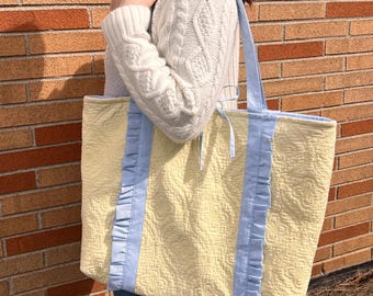 Upcycled Large Ruffle Tote Beach Bag, Yellow Quilted Cotton, Inside Zipper Pocket, Tie Closure