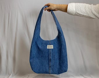 Upcycled Denim Hobo Bag, Navy Cotton Lining, Inside Zipper Pocket, Magnetic Closure