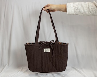Upcycled Quilted Stripe Tote Bag, Brown Corduroy, Inside Zipper Pocket, Tie Closure