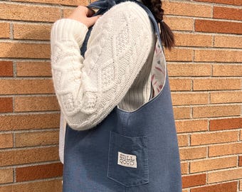Upcycled Navy Cotton Hobo Bag, Floral Lining, Zipper Pocket, Magnetic Closure