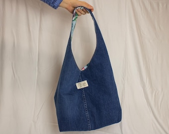 Upcycled Denim Hobo Bag, Floral Cotton Lining, Inside Zipper Pocket, Magnetic Closure