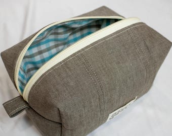 Upcycled Brown Cotton Boxy Bag for Cosmetics, Supplies, Travel, Toys and More
