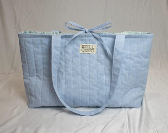 Upcycled Quilted Tote Bag, Light Blue Cotton, Striped, Zipper Pocket, Ties Closed