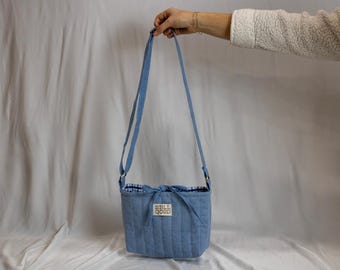 Upcycled Quilted Stripe Mini Crossbody Bag, Light Blue, Zipper Pocket, Tie Closure