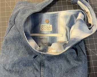 Upcycled Denim Cotton Hobo Bag, Blue Ombre Lining, Zipper Pocket, Magnetic Closure