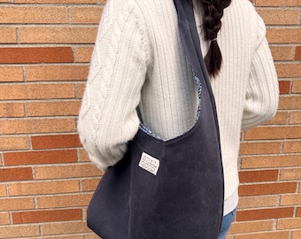 Upcycled Denim Hobo Bag, Dark Floral Lining, Inside Zipper Pocket, Magnetic Closure