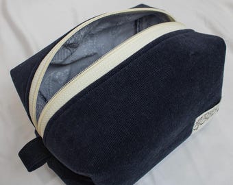 Upcycled Cotton Navy Corduroy Boxy Bag for Cosmetics, Supplies, Travel, Toys and More