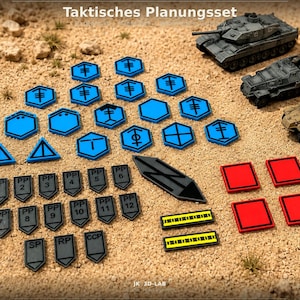 Könnte beinhalten: Ein taktisches Planungsset mit blauen sechseckigen und dreieckigen Spielsteinen mit schwarzen Symbolen, schwarzen schildförmigen Markern mit der Aufschrift PP 2 bis 12, SP, RP und CCP, zwei gelb gestreiften Leisten, roten Quadraten und zwei Panzermodellen.