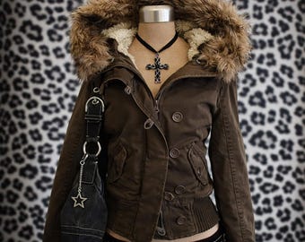Y2K Damesjas van imitatiebont – Harajuku Gothic Punk, Japanse stijl, retro jas uit de jaren 2000, vintage streetwear