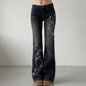 Women s Flared Jeans in Black Denim with Floral Embroidery for Casual Y2K Style