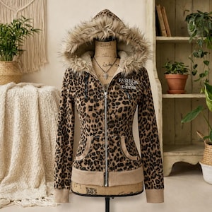Y2K Leoparden-Kapuzenpullover mit Reißverschluss und Kunstfellkapuze | Vintage-Retro-Kapuzenpullover für Damen