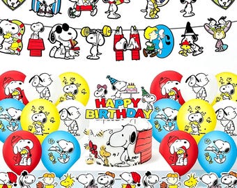 May include: A Peanuts-themed party decoration set featuring a banner with Snoopy and Woodstock illustrations, a cake topper with the text Happy Birthday, colorful balloons printed with Snoopy characters, and small cupcake toppers with various character designs.