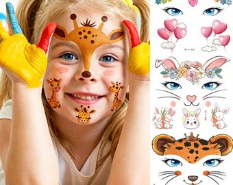 Kids Animal Face Temporary Tattoos,Mess-Free Giraffe Bunny Leopard Face Paint Stickers For Birthday Party,Apply for Boys Girls