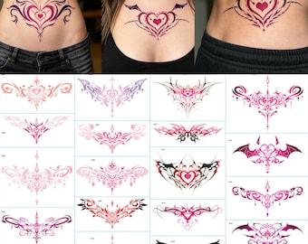 Succubus Sternum Temporary Tattoo Stickers,Gothic Bat Heart Underboob Fake Tattoos,Waterproof Witchy Body Art For Women Festival Cosplay