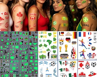 Glow In Dark  Country Temporary Tattoos,Soccer Fan Face Body Stickers,Canada Brazil France Mexico Argentina Football Tattoo For Game Party