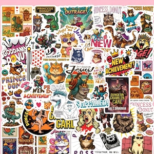 May include: A collection of colorful stickers featuring various designs. The stickers include images of cats, dinosaurs, donuts, crowns, and text such as "Princess Donut" and "New Achievement!" The stickers have a cartoonish and whimsical style.