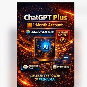 Pode incluir: Gráfico promocional para ChatGPT Plus, com um laptop com um gráfico de IA na tela. A imagem inclui texto como "1-Month Account", "Advanced AI Tools" e "Pro Writing". O fundo tem um efeito escuro e brilhante.