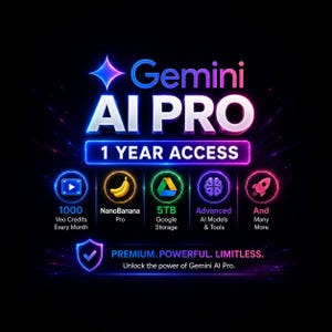Peut inclure: Un graphique numérique pour Gemini AI PRO 1 YEAR ACCESS avec du texte néon bleu et violet. Les icônes incluent 1000 Veo Credits, NanoBanana Pro, 5TB Google Storage, Advanced AI Models et une fusée. Le texte indique PREMIUM. POWERFUL. LIMITLESS.
