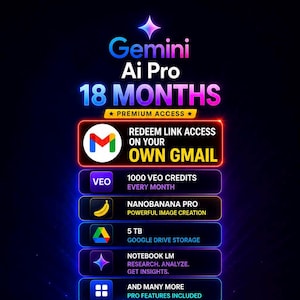 Peut inclure: Un graphique numérique faisant la promotion de Gemini Ai Pro avec 18 mois d'accès premium. Il liste des fonctionnalités incluant 1000 crédits Veo, Nanobanana Pro pour la création d'images, 5 To de stockage Google Drive et Notebook LM pour la recherche.