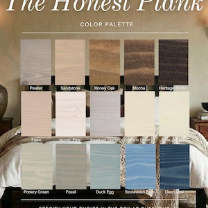Puede incluir: Paleta de colores de "The Honest Plank" con muestras de tinte para madera en varios tonos. Los colores incluyen Pewter, Sandstone, Honey Oak, Mocha, Heritage Brown, Fawn, Nordic Pine, Sparkled Sterling, Warm Linen, Pale Jasmine, Pottery Green, Fossil, Duck Egg, Stonewash Blue y Deep Teal.