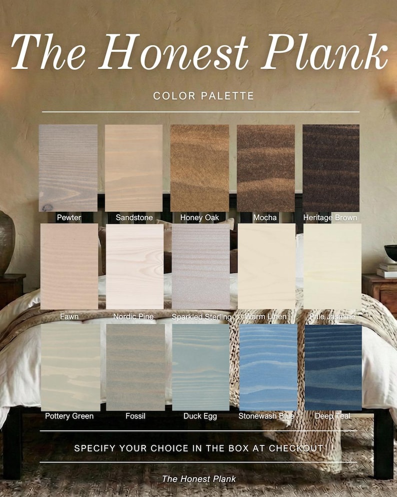 Puede incluir: Paleta de colores de "The Honest Plank" con muestras de tinte para madera en varios tonos. Los colores incluyen Pewter, Sandstone, Honey Oak, Mocha, Heritage Brown, Fawn, Nordic Pine, Sparkled Sterling, Warm Linen, Pale Jasmine, Pottery Green, Fossil, Duck Egg, Stonewash Blue y Deep Teal.