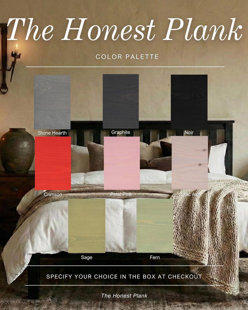 Puede incluir: Imagen de paleta de colores de "The Honest Plank" con muestras de madera en Stone Hearth, Graphite, Noir, Crimson, Petal Pink, Lilac Ash, Sage y Fern. Texto: "Specify your choice in the box at checkout."