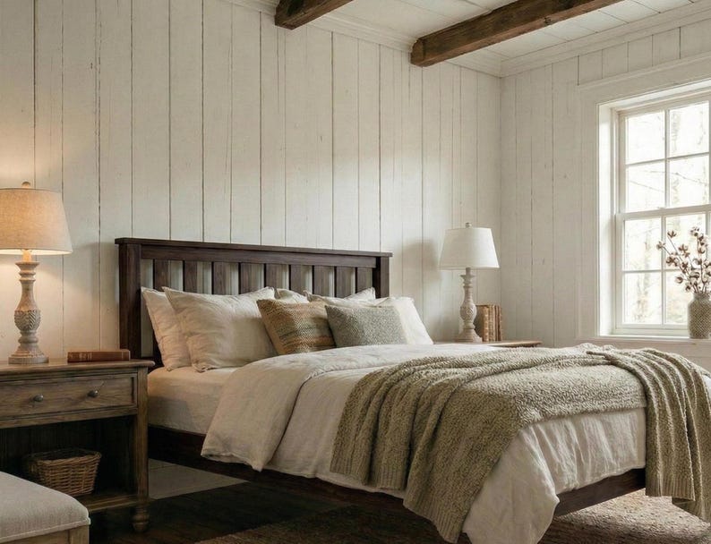 Estructura de cama robusta de madera maciza / Pie de cama bajo con veta natural / Cama rústica de madera estilo granja / Cama doble, king y super king (Reino Unido) / Cama hecha a medida y hecha a mano Heritage Brown