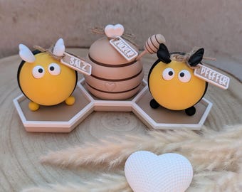 Süße Bienen Salz- und Pfefferstreuer mit Zuckerdose und Waben-Untersetzer | 3D-Druck Tischdeko | Geschenk Einzug & Bienenfreunde