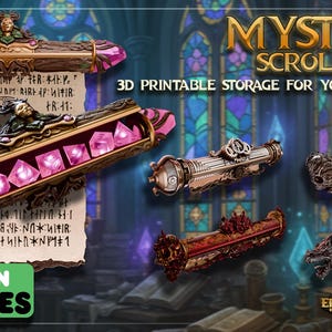 May include: Mystical scroll cases in various designs, perfect for storing epic gear. The image showcases several 3D-printed cases, including one with pink gems and another with a dragon motif. Text on the image reads "Mystical Scroll Cases" and "Funded in 5 minutes."