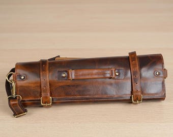 Estuche enrollable de cuero hecho a mano para cuchillos - 11 compartimentos y bolsa para herramientas, estuche para cuchillos de chef, regalo para chefs y estudiantes de cocina.