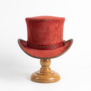 Handmade Red Suede Top Hat, Handcrafted Steampunk Style, Vintage Boho Festival, Gothic Costume Accessory, Unisex Stage Wear