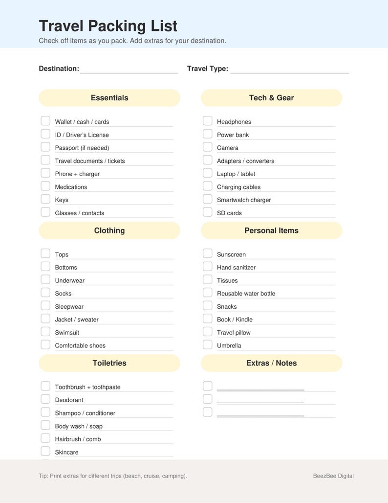 Travel Packing List Printable | Vacation Packing Checklist | Travel ...