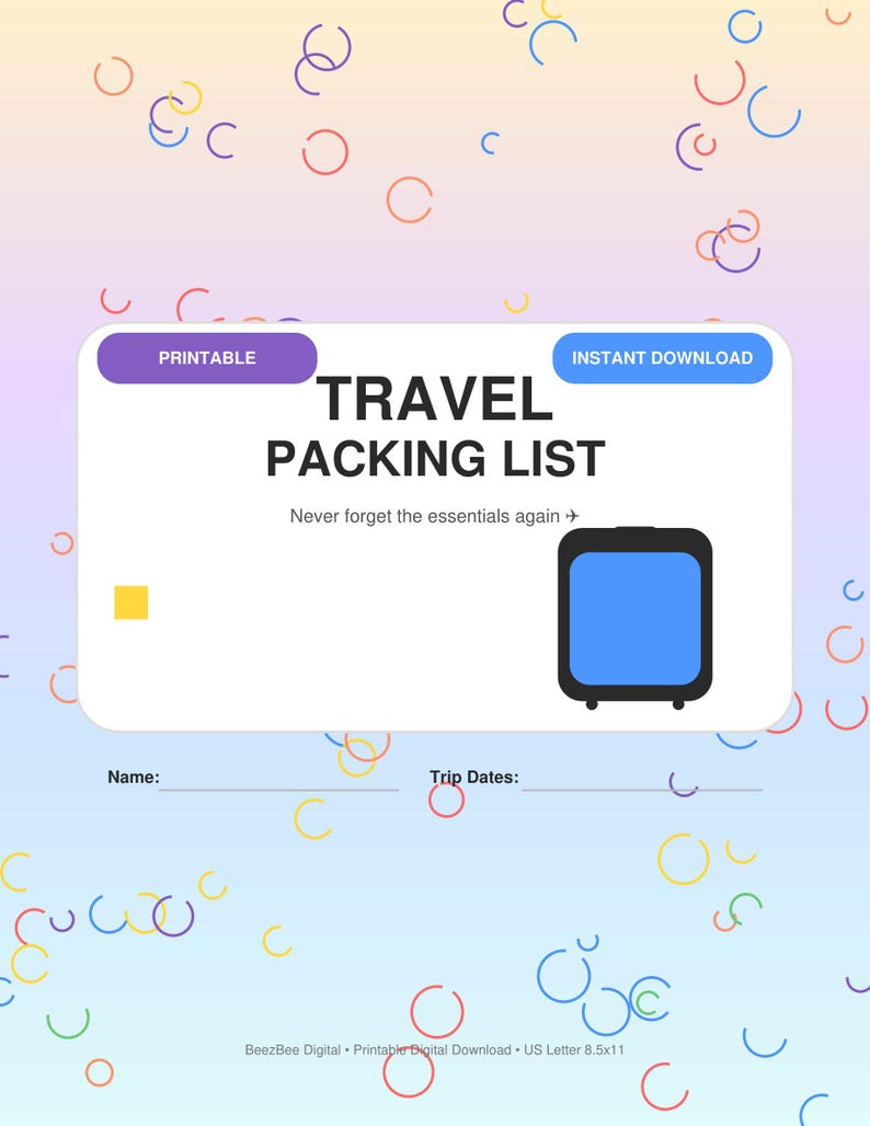 Travel Packing List Printable | Vacation Packing Checklist | Travel ...