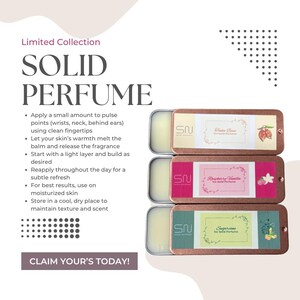 May include: A promotional image for a limited collection of solid perfumes. The image features three rectangular tins of solid perfume, each with a different label design and scent name. The text includes application instructions and the phrase "Claim Yours Today!"