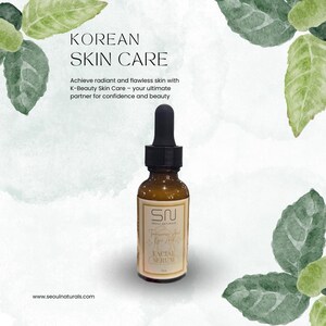 May include: A brown glass bottle of facial serum with a black dropper. The label reads "Facial Serum" and "Seoul Naturals". The image includes the text "Korean Skin Care" and "www.seoulnaturals.com". Green leaves are in the background.