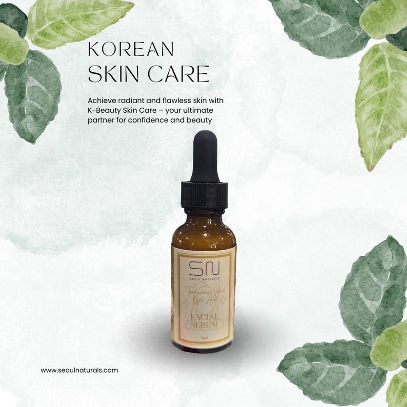 May include: A brown glass bottle of facial serum with a black dropper. The label reads "Facial Serum" and "Seoul Naturals". The image includes the text "Korean Skin Care" and "www.seoulnaturals.com". Green leaves are in the background.