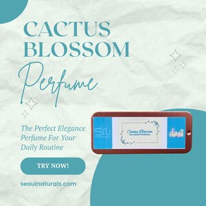 May include: A rectangular perfume container with a brown frame and a blue and white label. The label reads "Cactus Blossom 1oz Solid Perfume". The background is a light green with the text "CACTUS BLOSSOM Perfume". The text "TRY NOW!" is also visible.