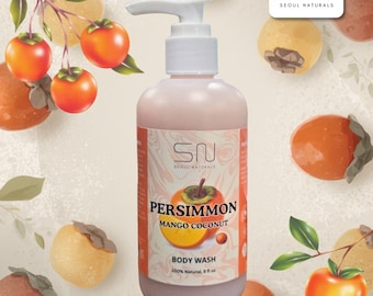 Gel de baño vegano de caqui que combate el mal olor corporal - Aceite de coco de caqui vegano y mango - Inspirado en K-Beauty - 8 oz, ayuda con el olor no oral