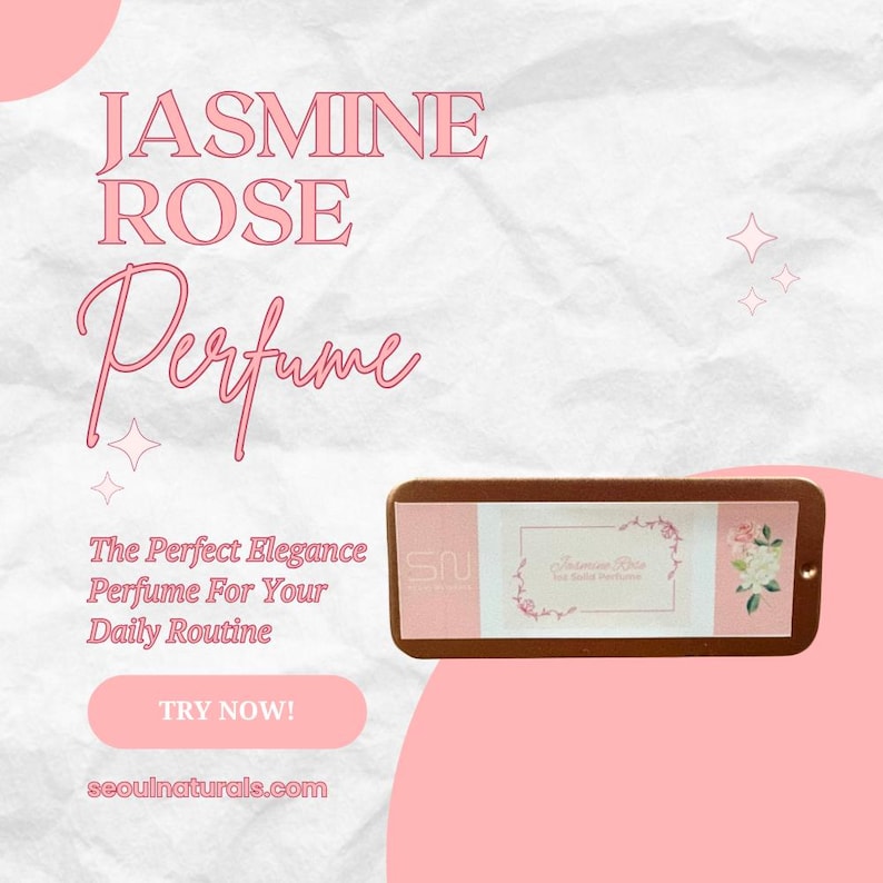 May include: A perfume product with the text "JASMINE ROSE Perfume" in pink. The product is in a brown rectangular case with a pink and white label. The label has floral accents and the text "Jasmine Rose Perfume".
