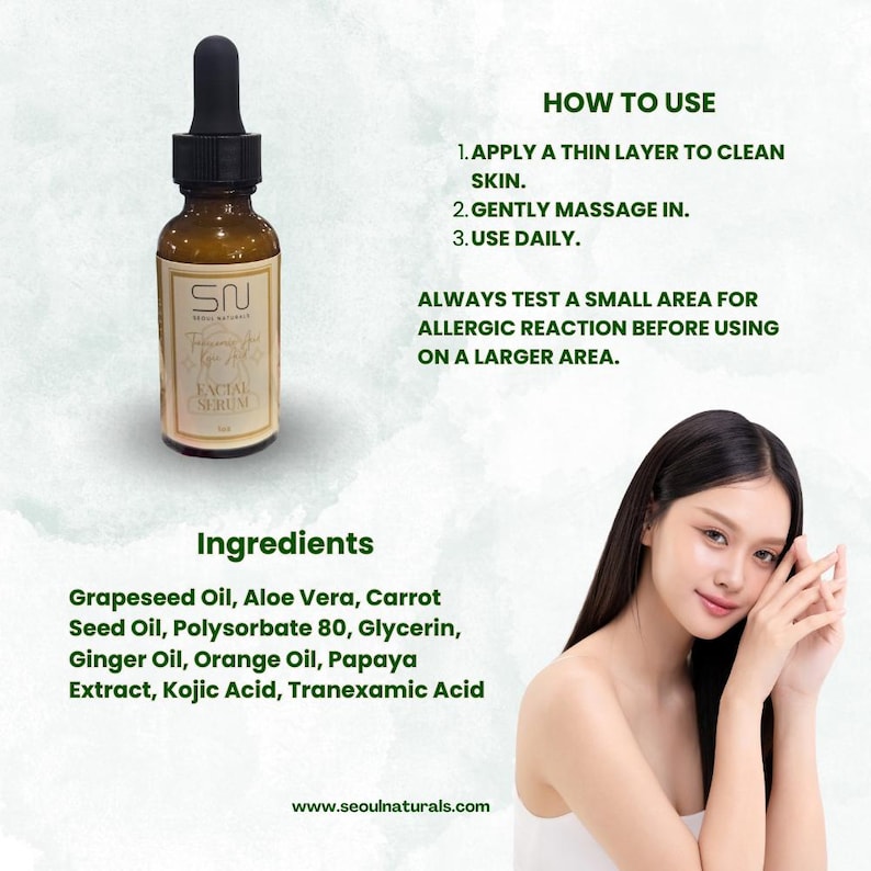 May include: A brown glass bottle of facial serum with a black dropper, labeled "Facial Serum" and "SN". The image includes the ingredients and instructions for use, along with a woman's face. The website address is www.seoulnaturals.com.
