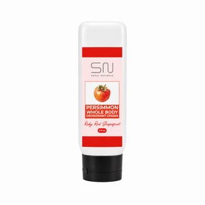 May include: A white squeeze tube of Seoul Naturals Persimmon Whole Body Deodorant Cream with a black cap. The label features a persimmon illustration, the text SN Seoul Naturals, Persimmon Whole Body Deodorant Cream, Ruby Red Grapefruit, and 4 fl oz.