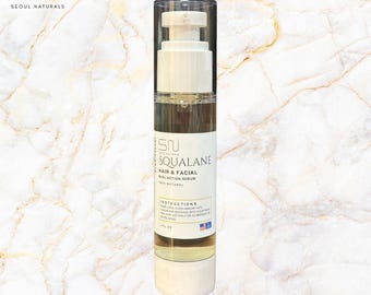 Siero allo squalano puro Seoul Naturals per capelli e viso, idratante leggero – Flacone con dosatore airless da 50 ml – Non unge, ideale per la cura di pelle e capelli.