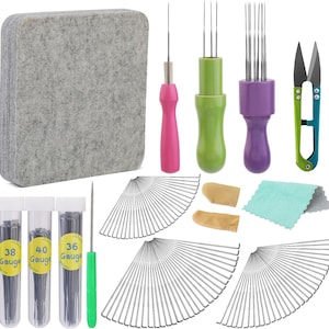 May include: A needle felting kit featuring a grey felt pad, needles with pink, green, and purple handles, scissors, finger protectors, and a small blue cloth. Also includes needles in tubes labelled 36, 38, and 40 gauge.
