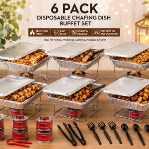 May include: A 6-pack disposable chafing dish buffet set featuring six aluminium foil pans with lids, wire racks, and fuel cans. The set includes black plastic serving tongs and spoons. Text on the image reads 6 PACK DISPOSABLE CHAFING DISH BUFFET SET.