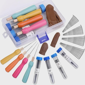 May include: A craft tool set featuring colorful handles in teal, yellow, orange, and pink. The set includes needles, needle gauges, and brown leather finger protectors, all neatly organized in a clear plastic case. The set also includes several clear tubes with blue caps.